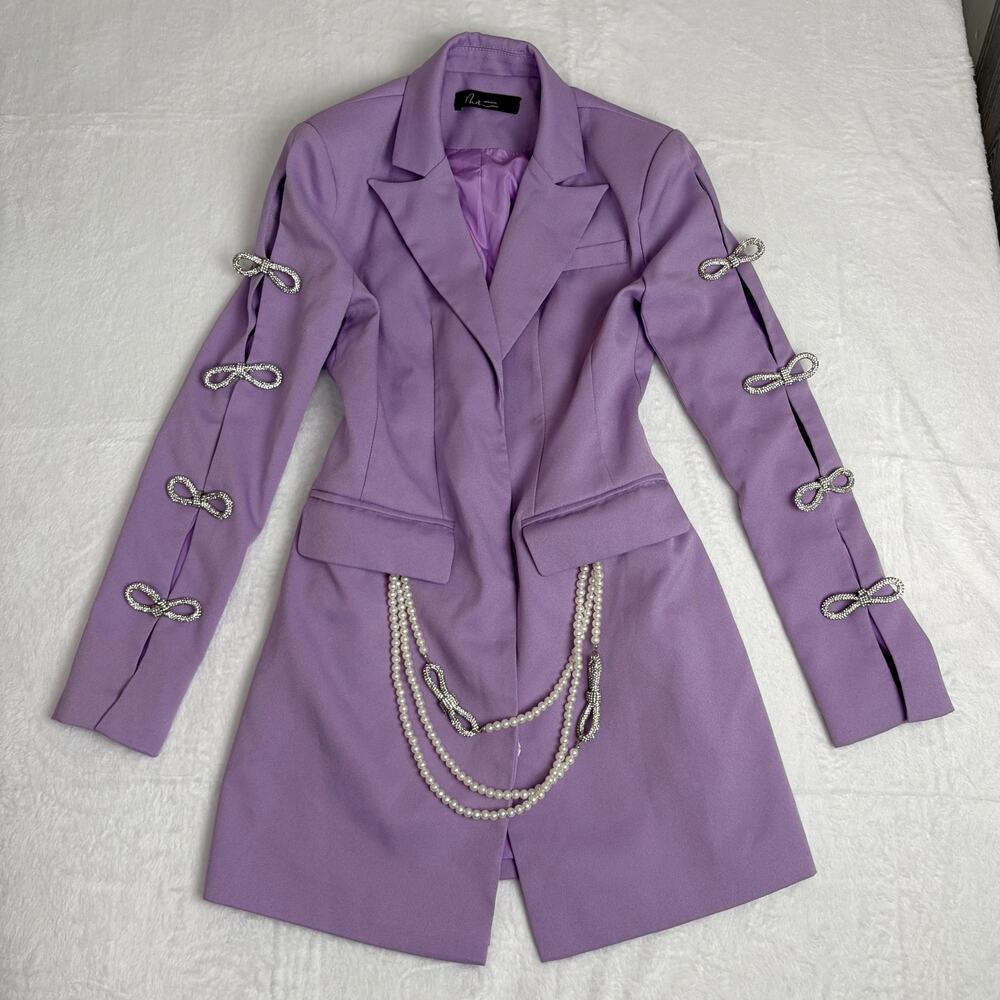 Mew Mews Rhinestone Faux Pearl Blazer Dress Women's XS Purple Quiet Luxury Chic